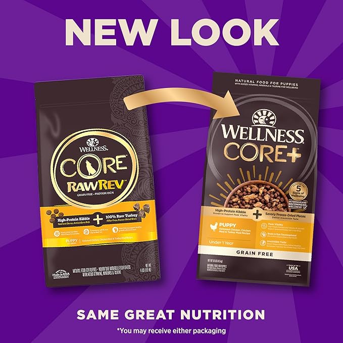 Wellness CORE+ Puppy Dry Dog Food with Freeze Dried Pieces, Grain Free Kibble+, Natural, High Protein, Chicken and Turkey Recipe, 10 lb Bag