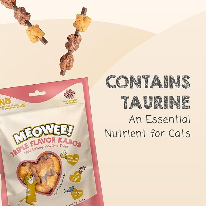 MEOWEE! Triple Flavor Kabobs Cat Treat, 1 Ounce Bag, Long-Lasting Playtime Treat for Cats Made with Real Chicken, Salmon & Tuna