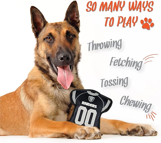 The 1st Ever Tough but Smooth Dog Toy NFL LAS Vegas Raiders Football Jersey Tough Pet Toy. A Premium Quality Doggie Toy with Built-in Squeaker. Sports Fans Favorite Chew Toy