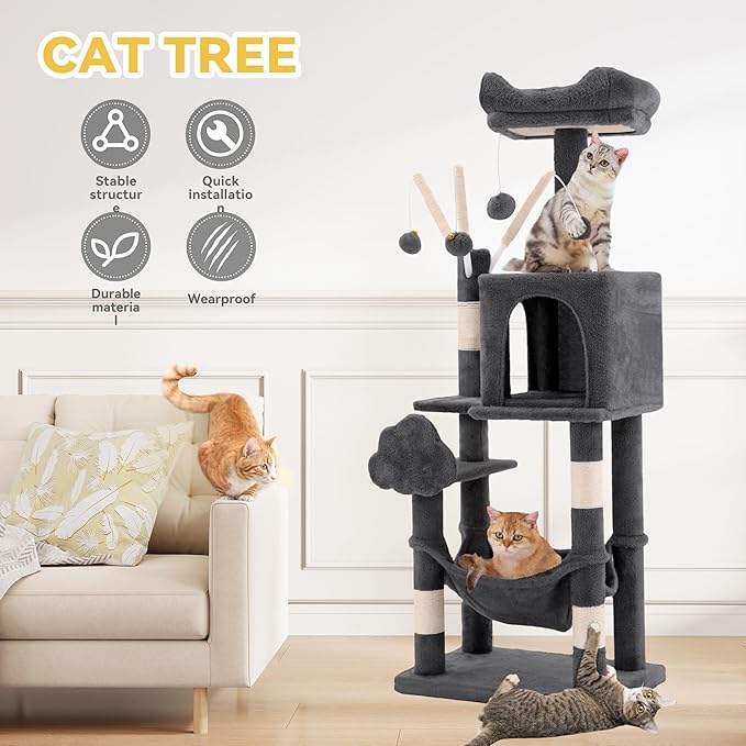 DWVO 44in Cat Tree for Indoor Kittens: Cat Tower Multi-Level with Scratch Posts, Window Padded Plush Perch, Hammock, and Interactive Pompoms Dark Gray