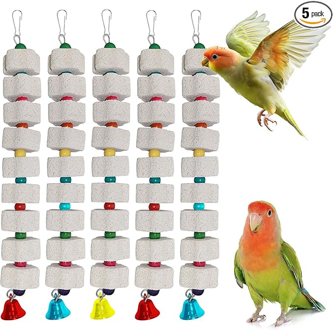 5 Pcs Large Beak Grinding Calcium Stone Bird Chewing Toy with Bells, Pet Cage Accessories for African Grey Parrot Cockatiel Parakeet Chicken Rat Hamster Rabbit Chinchilla