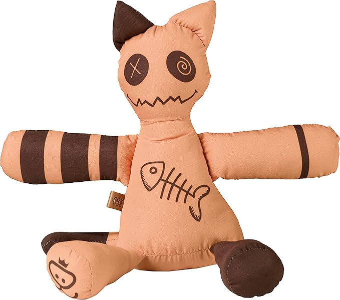 Halloween Cat Plush Dog Toy - Durable Orange Kitty with Fish Skeleton Design - Medium Sized Reinforced Toy for Dogs & Cats - Spooky Season Pet Gift