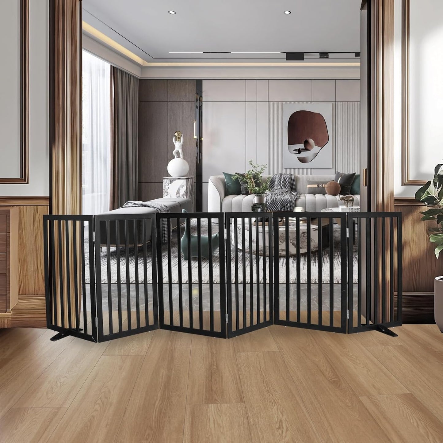 ZJSF Freestanding Indoor Dog Gate for House Foldable Wood Puppy Gate for Doorways Pet Gate for Stairs Extra Wide Pet Fence, Black, 32" Height 6 Panels