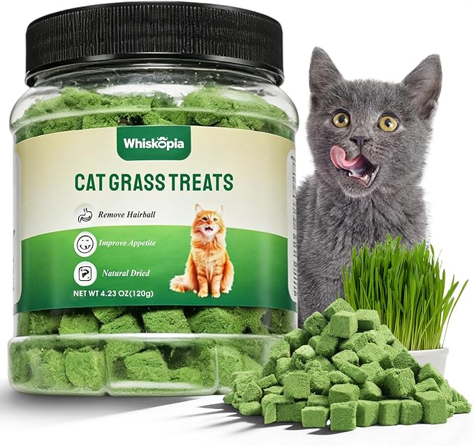 4.23oz Cat Grass Treats for Indoor Cats Freeze-Dried Cat Grass Pellets for Hairball Control, Gut Health & Dental Care Natural Chicken & Egg Yolk Kitten Crunchy Training Snacks