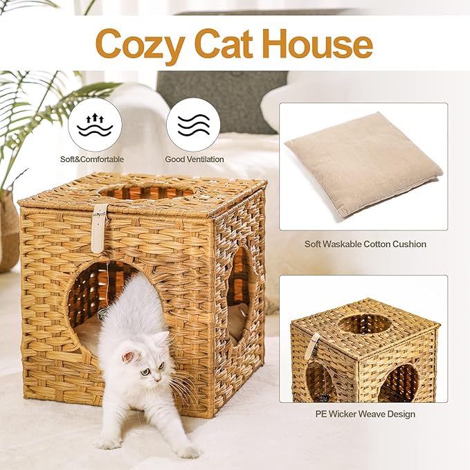 Mewoo Ratten Cat House Condo with Rattan Interactive Hanging Ball Toy *4 & Cotton Cushion, Enclosed Wicker Cat Bed, Wheat
