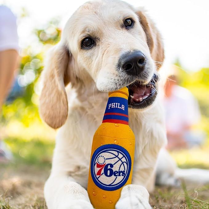 NBA Philadelphia 76ers Beer Bottle Plush Dog & CAT Squeak Toy - Cutest Stadium SODA Bottle Snack Plush Toy for Dogs & Cats with Inner Squeaker & Beautiful Basketball Team Name/Logo