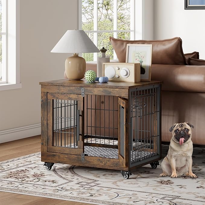 YaFiti Dog Crate Furniture with Cushion, Wooden Dog Kennel Indoor with Double Doors, Dog Cage with Wheels, Dog House Side End Table for Small Dogs up to 30 lb, 27.2" L, Rustic Brown