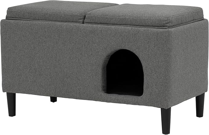 Paws & Purrs 32″ Wide Modern Dual-Purpose Ottoman & Multi-Cat Bed – Stylish 2-in-1 Footstool & Cozy Hideaway for Multiple Cats – Removable Cushioned Top, Hidden Storage, Grey