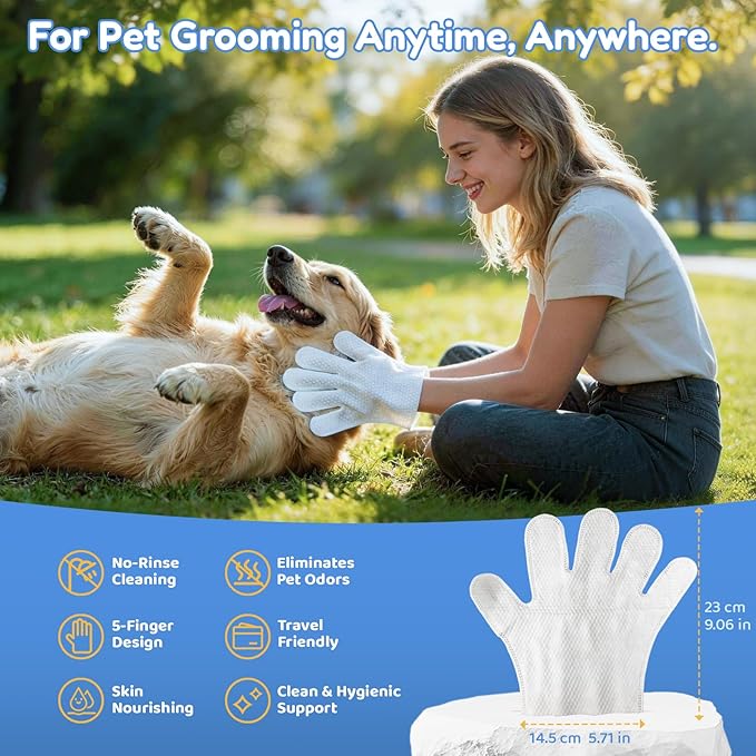Pet Hydrosol SPA Glove Wipes, 10 Individually Wrapped Packs, No Rinse Dog & Cat Grooming Wipes, Deodorizing Waterless Pet Cleaning Gloves with Jojoba Oil & Olive Oil for Travel & Home