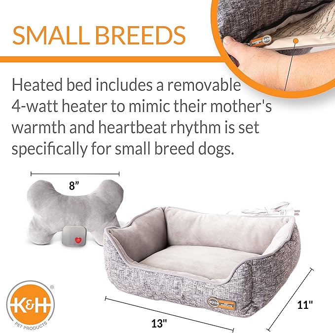 K&H Pet Products Mother's Heartbeat Heated Dog Bed with Bone Pillow Heartbeat Puppy Toy, New Puppy Essential Heated Puppy Bed + Dog Anxiety Toy - Gray 11 X 13 Inches w/ Small Breed Heartbeat Rhythm