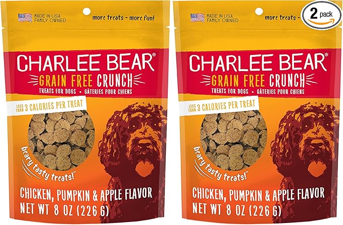 Charlee Bear Crunch Grain Free Dog Treats, Chicken,Pumpkin and Apple, 8 Ounce Resealable Bag,Low Calorie Training Treats for Dogs,Limited Ingredient,Healthy,Crunchy Dog Snacks, Made in USA (Pack of 2)