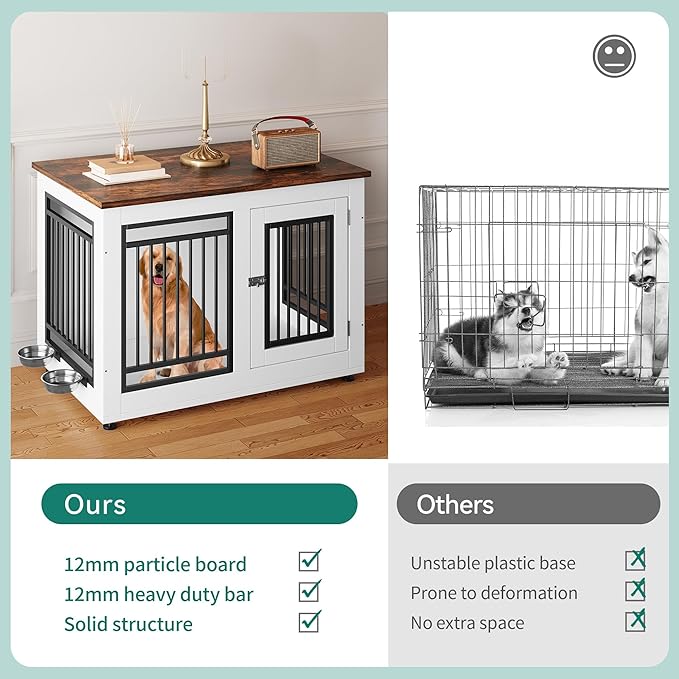 YITAHOME 39" Dog Crate Furniture, Wooden Side End Table with Adjustable Feet and Removable Bowls, Dog Kennel Indoor for Medium Large Dogs
