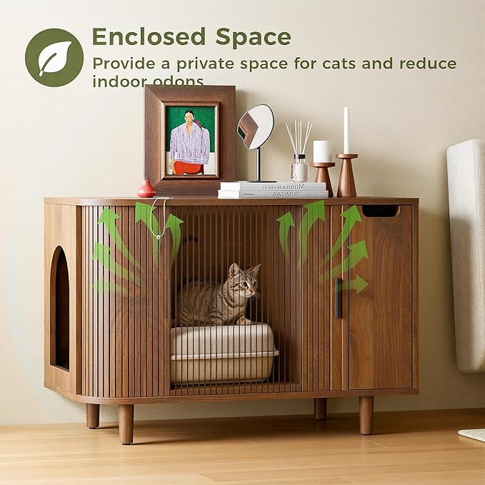 IRONCK Cat Litter Box Enclosure with Sliding Tambour Door – Wooden Hidden Cat House Furniture with 2-Layer Drawer, Side End Table for Living Room, Brown
