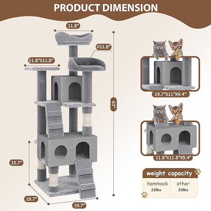 Cat Tree, Tall Cat Tower Condo for Indoor Large Cats, Cat House Furniture with Padded Plush Perch Sisal Scratching Posts (Grey, 63 * 19.7 * 19.7 in)