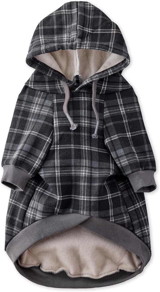 Pet Passion Rocky II - The Extra Comfy Hoodie, Organic Cotton and Recycled Poly Dog Hoodie Pet Coat Sweater for Small, Medium, Large Dogs, Black Sand Plaid, X-Large
