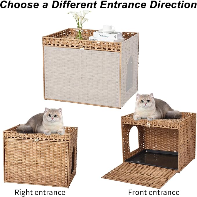 PeakPursuit Rattan Litter Box Enclosure Hidden Cat Furniture with Removable Litter Mat, Natural Cat House End Table, Easy Assembly, 27.5" l x 20.5" w x 22" h Natural Color
