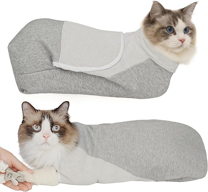 Self-Adhesive Cat Grooming Wrap, Cozy Cat Wrap for Cutting Nails, Breathable Anti-Scratch Cats Swaddle Bag for Brushing, Ear Cleaning, Dental Care, Medication, Injections, Grey S