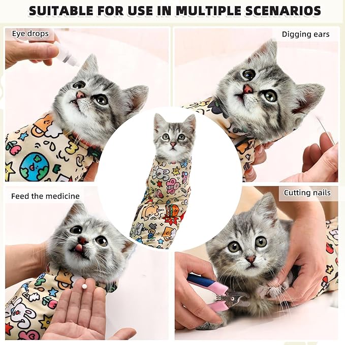 Cat Wrap for Grooming Cutting Nails Velcro Fabric for Cats Restraint for Nail Clipping Self Adherent Anti Bite Anti Scratch Swaddle Burrito Wrap (Yellow, XL)