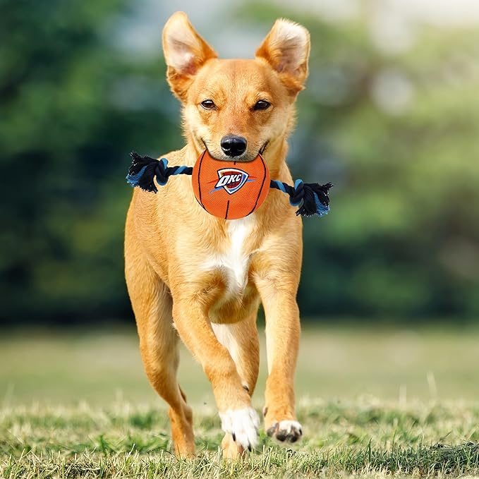 Pets First NBA Oklahoma City Thunder Basketball Toy. - Tough Nylon Pet Toy with Tug Ropes & Inner Squeaker, one Size