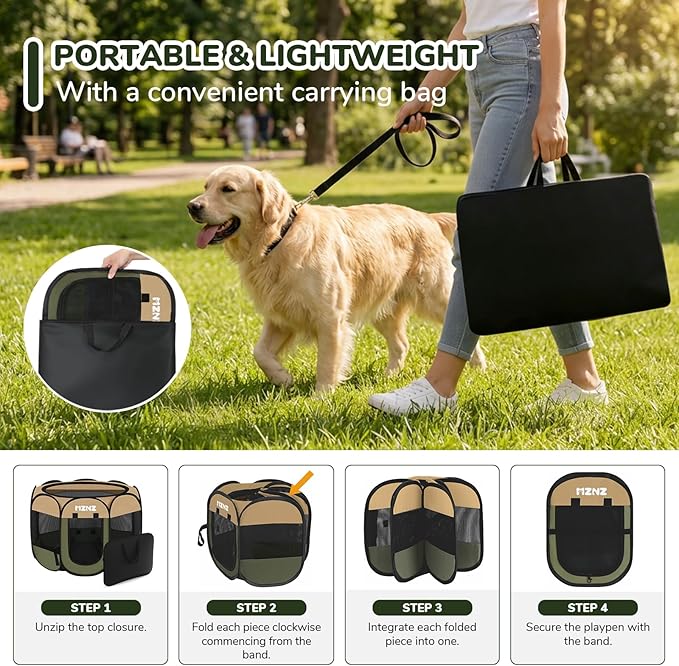 Dog Playpen, Portable Puppy Pet Crate Indoors for Small/Medium Dogs Cats Rabbits, Foldable Dog Cage Enclosure for Outdoor, Pop Up Dogs Tent Kennel with Carrying Case, Olive Green