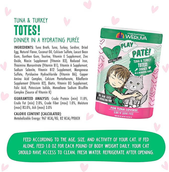 Weruva B.F.F. Play - Best Feline Friend Paté Lovers, Aw Yeah!, Tuna & Turkey Totes! with Tuna & Turkey, 3oz Pouch (Pack of 12)