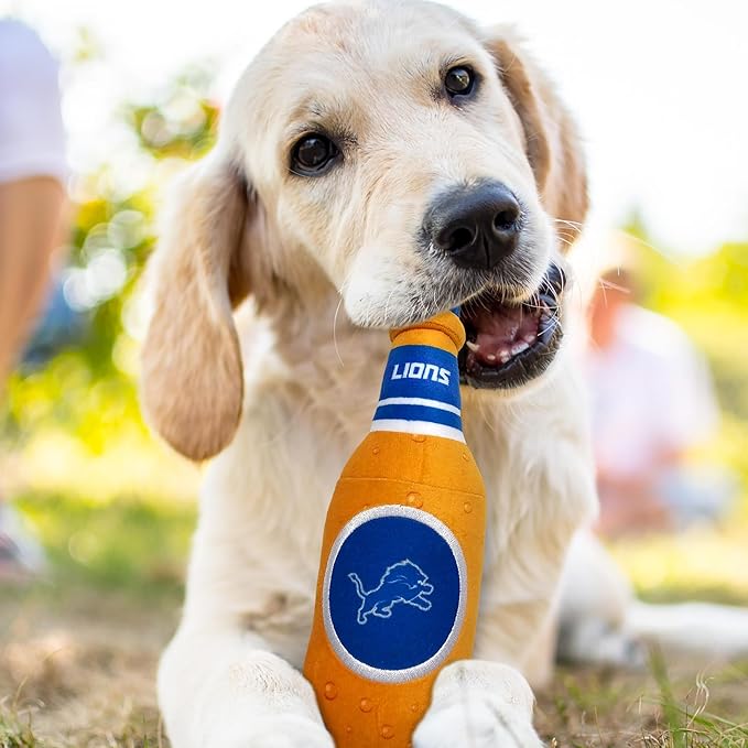 NFL Detroit Lions Beer Bottle Plush Dog & CAT Squeak Toy - Cutest Stadium SODA Bottle Snack Plush Toy for Dogs & Cats with Inner Squeaker & Beautiful Football Team Name/Logo