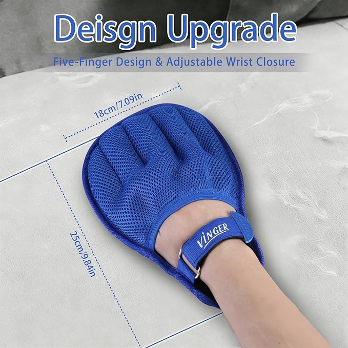VINGER Pet Hair Removal Glove for Cats & Dogs, Electrostatic Pet Hair Gloves with Adjustable Wristband, Five-Finger Magic Brush Remover Tool for Laundry, Carpet, Couch, Car Seats & Clothing (Blue)