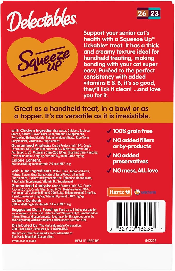 Delectables Squeeze Up Senior 10+ Variety Pack, Creamy Squeezable Puree, Lickable Wet Cat Treats, Grain-Free, No Added Fillers, 0.5 Ounces Tube, 20 Tubes Total