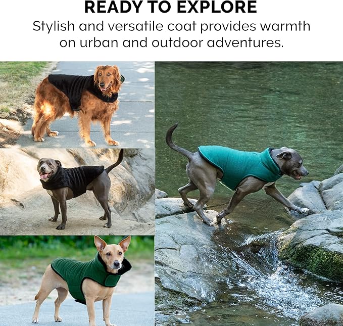 Furhaven Reversible Medium Dog Coat, Washable & Insulating w/ Leash Access - Faux Fur & Quilted Fleece Flex-Fit Jacket - Black/Green, Medium