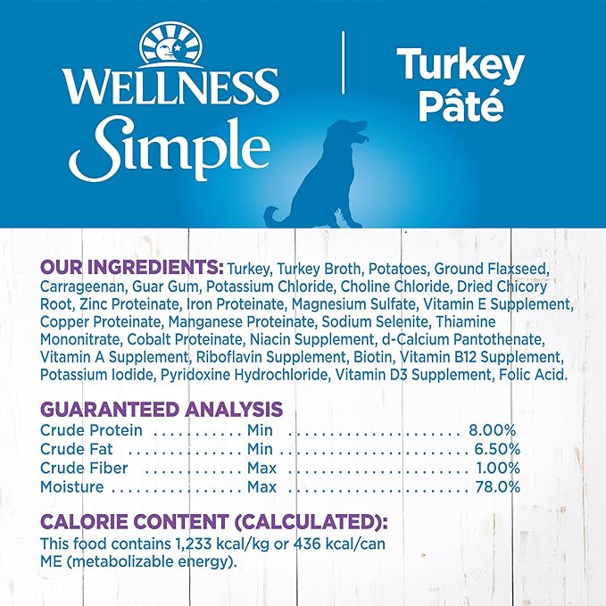 Wellness Simple Limited Ingredient Diet Adult Canned Wet Dog Food, Wholesome Grains, Natural, Turkey and Potato Recipe, 12.5 oz, Pack of 12 Cans
