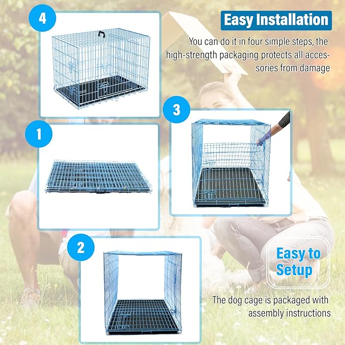 Dog Crate 36" Metal Wire Dog Cage Double Door Folding Dog Kennel with Divider Panel, Leak-Proof Plastic Pan, Foldable Travel Pet Crate for Small Medium Breed Dogs Animals,Blue