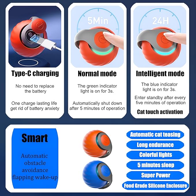 2025 Interactive Cat Toys Ball, Automatic Rolling Adult Cat Toy, Smart Moving Dog Toys for Bored Indoor Outdoor - Motion Activated Cat Toy Power Ball 2.0 Cat Toy (red)