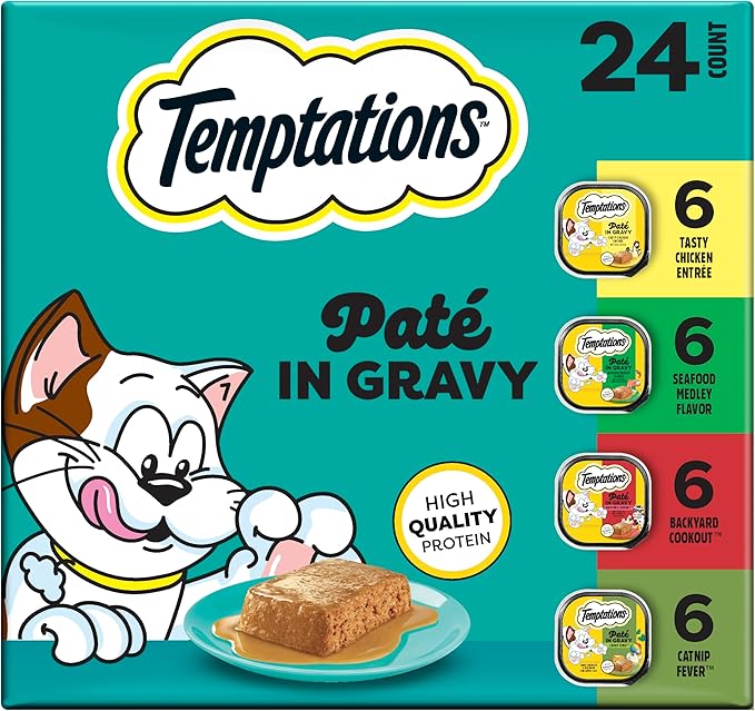 Temptations Pate in Gravy Adult Wet Cat Food Tasty Chicken Entree, Seafood Medley, Backyard Cookout, and Catnip Fever, 3.5 oz. Trays (24 Count, Pack of 1)