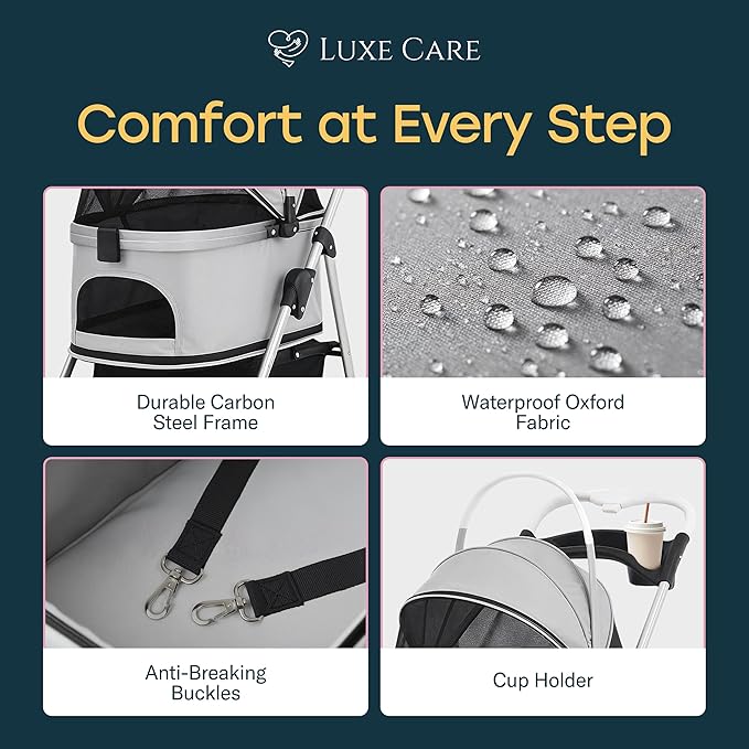4 Wheel Foldable Pet Stroller - Lightweight Dogs and Cats Stroller Upto 50lbs with Mesh Canopy, Storage Basket and Cup Holder, Durable for Walks and Outings (Medium)