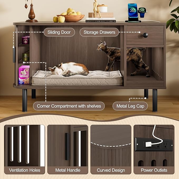 Merax 37.4" Cat Litter Box Enclosure with Sliding Door & Charging Station, Wooden Hidden Litter Box Enclosure Furniture w/Storage Drawer, Modern Indoor Cat House, TV Stand for Living Room, Brown