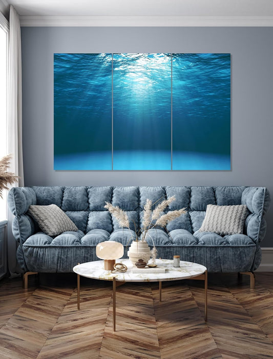 Nature Wall Art Prints - Ocean Forest Mountain Lake Canvas Landscapes - Small to Extra Large Living Room Bedroom Kitchen Bathroom Décor (Sun Rays Under Water, 35L" x 53W" - 3 Panels)