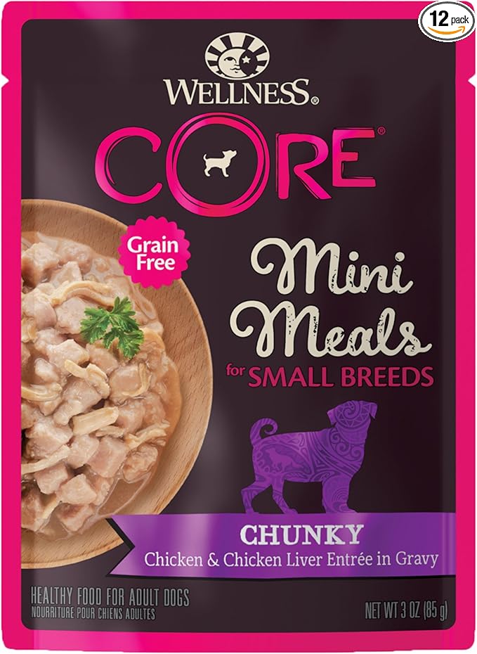 Wellness CORE Small Breed Mini Meals Chunky in Gravy Adult Wet Dog Food, Grain Free, Natural, Chicken Entrée Recipe, 3 oz, Pack of 12 Pouches