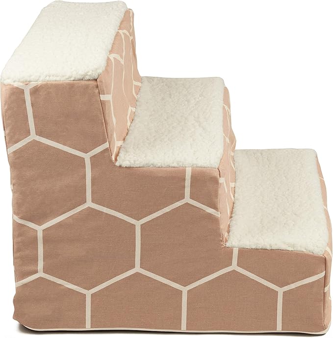 Majestic Pet 3 Step Portable Dog Stairs for Small Dogs to get on Bed Supports 25 lbs or Less – Dog Steps for High Bed with Machine Washable Cover – Pet Stairs for Cats Hexo Shapes Blush Pink