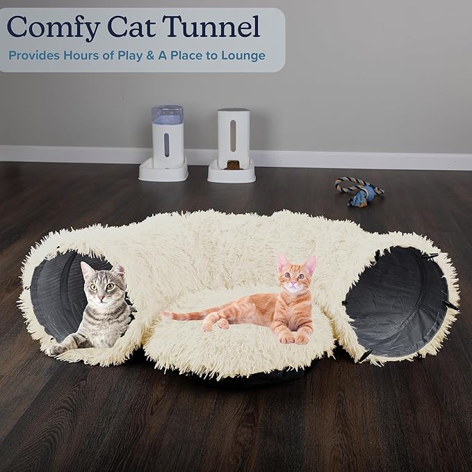 Cat Tunnel with Bed for Indoor Cats - 3FT Multifunctional Cat Tunnel Bed with Toys - Soft, Plush Peekaboo Cat Cave for Kittens, Cats, Ferrets, and Rabbits - Cat Products by PETMAKER (Cream)