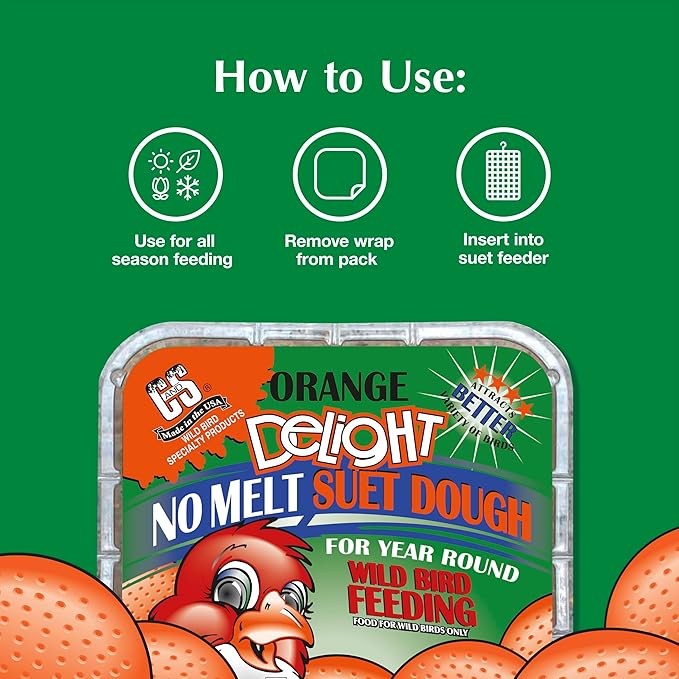 C&S Orange Delight No Melt Suet Dough, Suet Cakes for Wild Birds Including Robins, Blue Jays, Bluebirds, Tanagers, Thrushes and More, 8 Pack