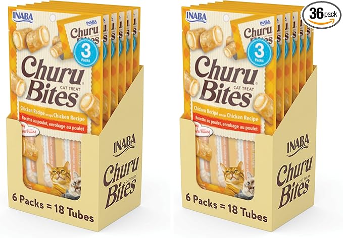 INABA Churu Bites for Cats, Soft Baked Chicken Churu Filled Cat Treats with Green Tea Extract, 0.35 Ounces Each Tube, 18 Tubes Total (3 per Pack), Chicken Recipe (Pack of 2)
