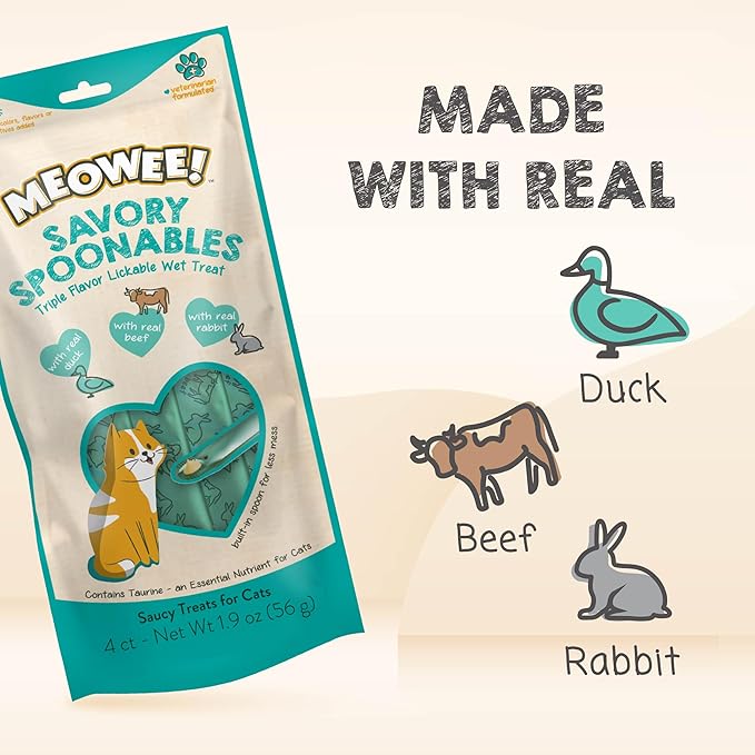 MEOWEE! Savory Spoonables with Real Duck, Beef and Rabbit for Cats, 4 Count, Treat Your Cat to Triple Flavor Squeezable Lickable Wet Treats with Built-in Spoon for Less Mess (Pack of 2)