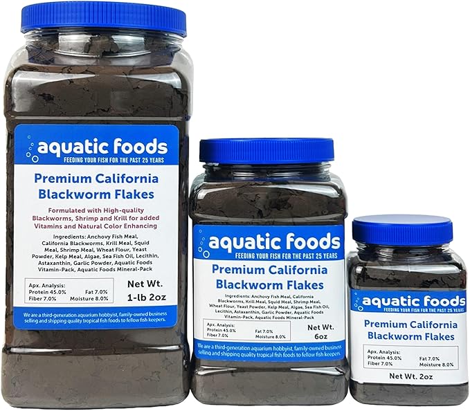 California Blackworm 45% Protein Premium Flakes for Discus, Cichlids, All Tropical Fish Also Pellet Mix, Wafer Mix Included…2oz