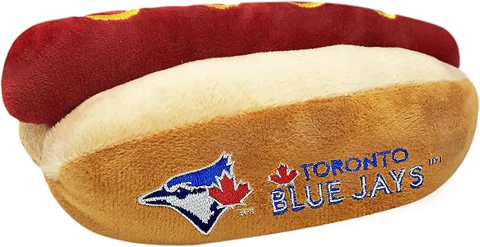 MLB Toronto Blue Jays Plush Dog Toys - Stadium Theme Snacks - Cutest Plush HOT-Dog Toy for Dogs & Cats with Inner Squeaker & Premium Embroidery of Baseball Team Name/Logo