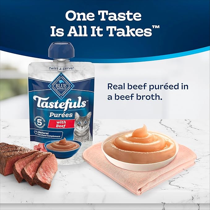 Blue Buffalo Tastefuls Purées Natural Adult Cat Food Complement with Just 5 Ingredients, Beef, 3-oz Resealable Pouch, 12-ct Multipack