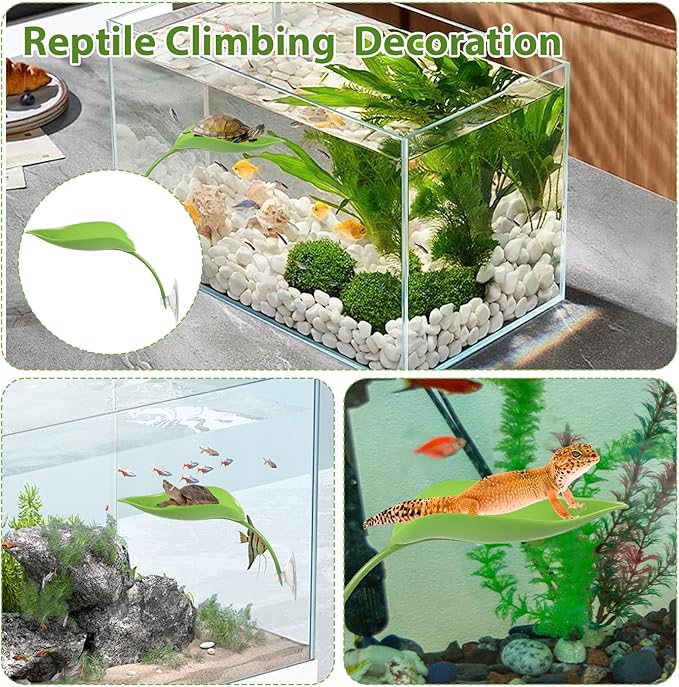 3 Pack Dwarf Frog Tank Accessories, Turtle Tank Accessories Leaf Shape Basking Platform with Suction Cups Frog Habitat Platform Reptile Leaf Aquarium Decoration Leopard Gecko Accessory