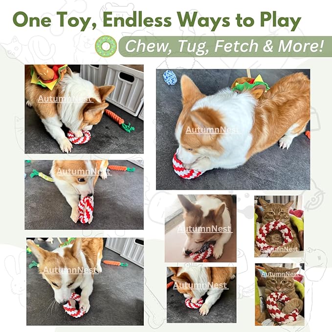 Woven Round Donut Pet Rope Toys, 4.8-inch Red Durable Cotton Pet Chew Toys for Dogs & Cats, Heavy Duty, Safe & Non-Toxic, Chew Toys for Pets, Teething Relief & Interactive Play