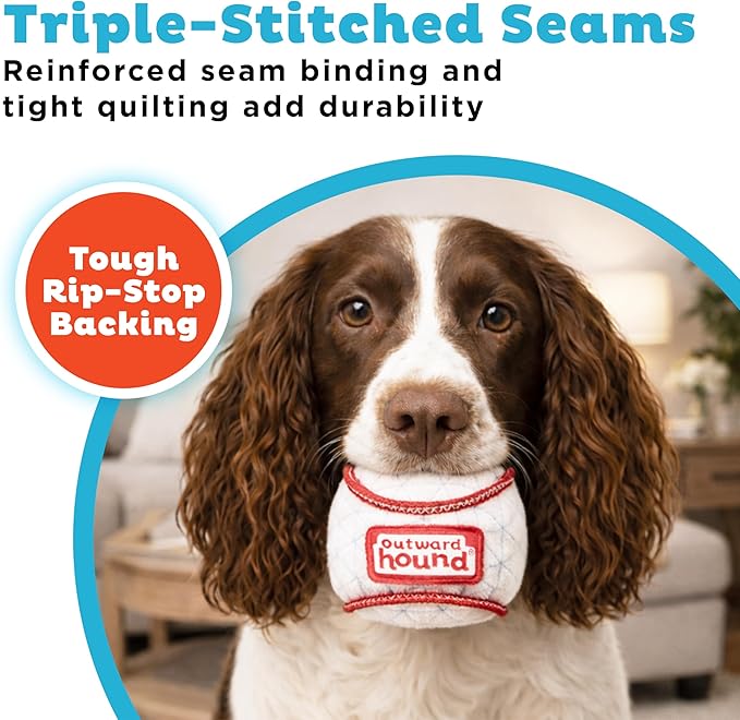 Outward Hound Xtreme Seamz Dog Toy, Reinforced Seams & Multiple Stitching, Durable Plush with Squeakers, Baseball, 4.7”