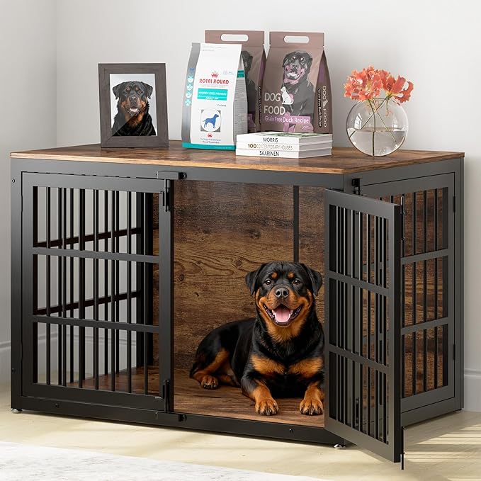 48" Heavy Duty Dog Crate Furniture, Wooden Dog Cage Kennel for Lrage and Extra Large Dogs, Dog Kennel Indoor with Side Door, Decorative Pet House End Table, Brown