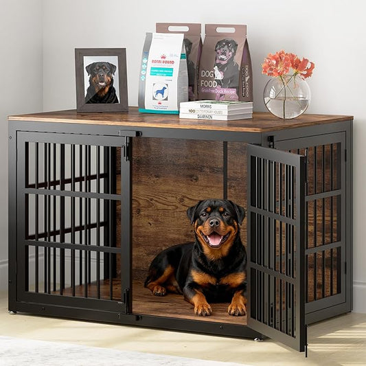 48" Heavy Duty Dog Crate Furniture, Wooden Dog Cage Kennel for Lrage and Extra Large Dogs, Dog Kennel Indoor with Side Door, Decorative Pet House End Table, Brown